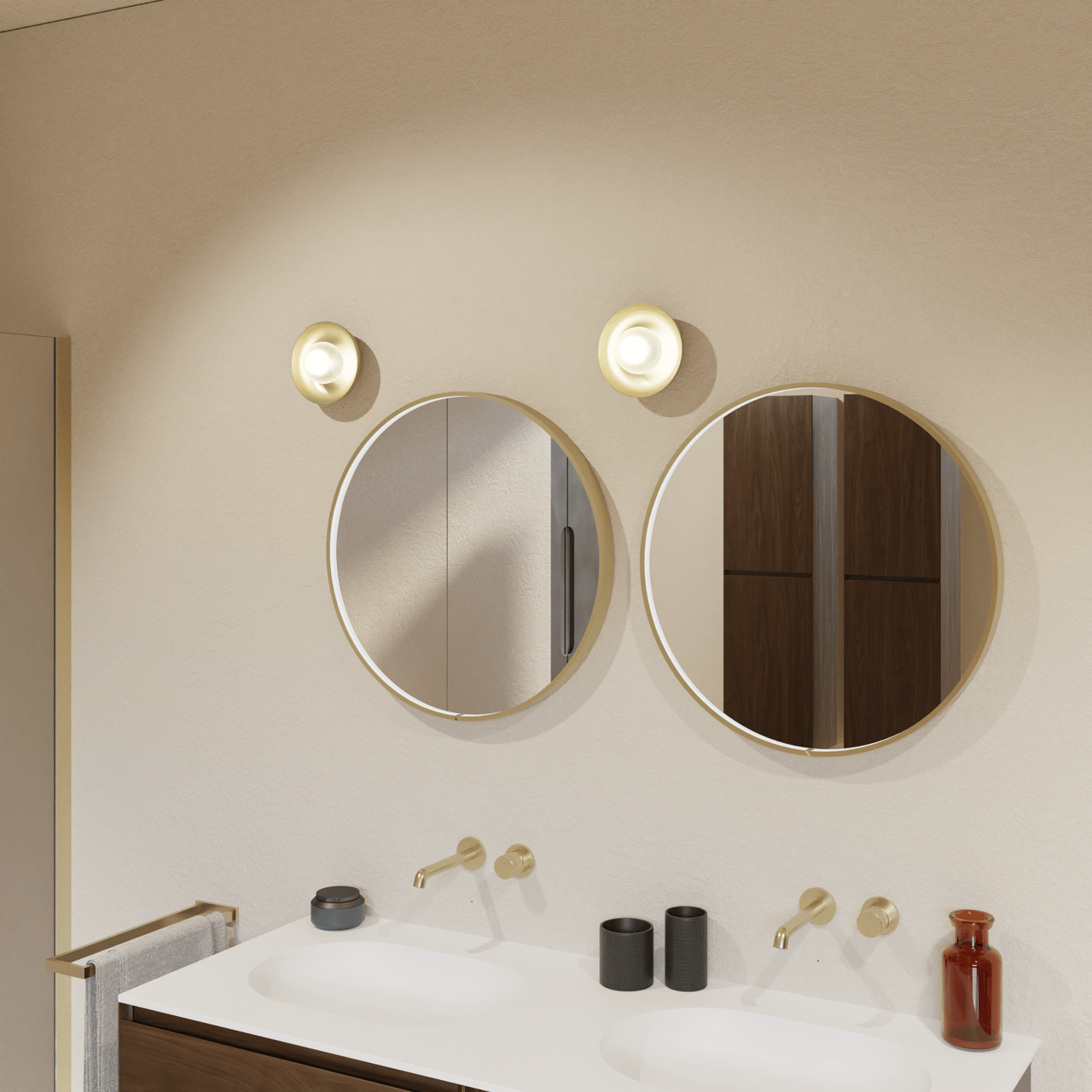 Balmani Secret rund Brushed Champagne Gold Badezimmerspiegel Ø 60 cm mit Spiegelbeleuchtung und Anti-Beschlag Spiegelheizung