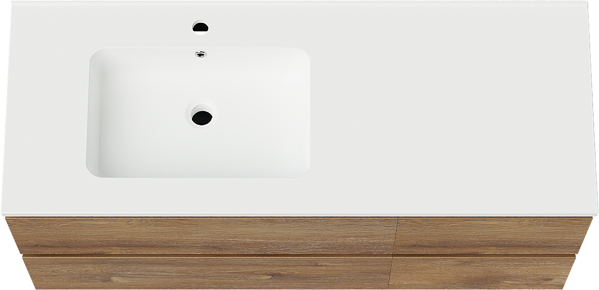 Linie Lado zwevend badkamermeubel 120 x 46 cm bruine eik met Vano asymmetrisch linkse wastafel in composietmarmer mat wit