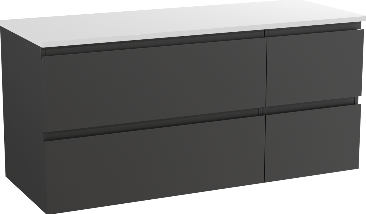 Linie Lado hängendes Möbelstück Set: 120 x 46 cm, Schwarz matt, mit Lado Doppel Waschtischplatte, Marmorkomposit Weiß glänzend