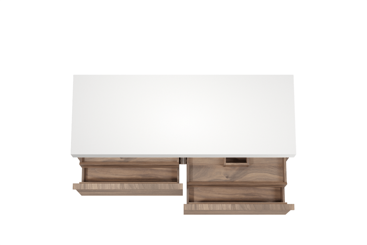 Balmani Forma hängendes Möbelstück Set: 150 x 55 cm, Amerikanischer Nussbaum, mit Dominus Einzel- oder Doppel Waschtischplatte, Solid Surface, Weiß matt, Horizontale symmetrische gerade Rippe