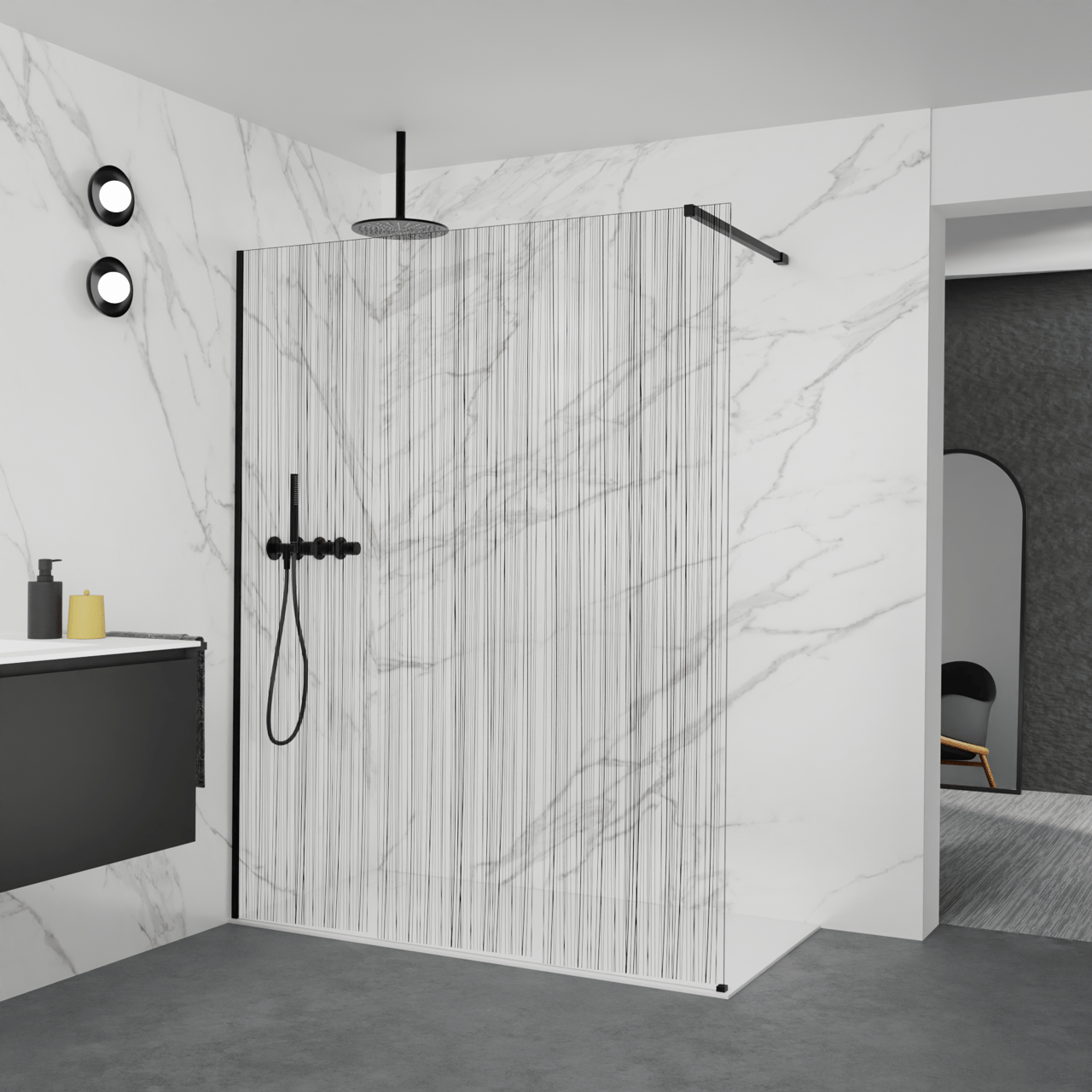 Balmani Modular inloopdouche: 160 x 200 cm, Mikado met coating, Mat zwarte profielen