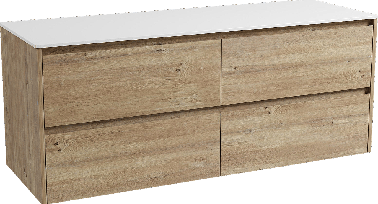 Storke Seda hängendes Möbelstück Set: 150 x 52 cm, Rohe Eiche, mit Tavola Einzel- oder Doppel Waschtischplatte, Solid Surface Weiß matt