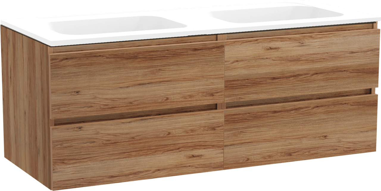 Balmani Lucida hängendes Möbelstück Set: 135 x 55 cm, Teak, mit Tablo Strada Doppelwaschtisch, Marmorkomposit Weiß matt