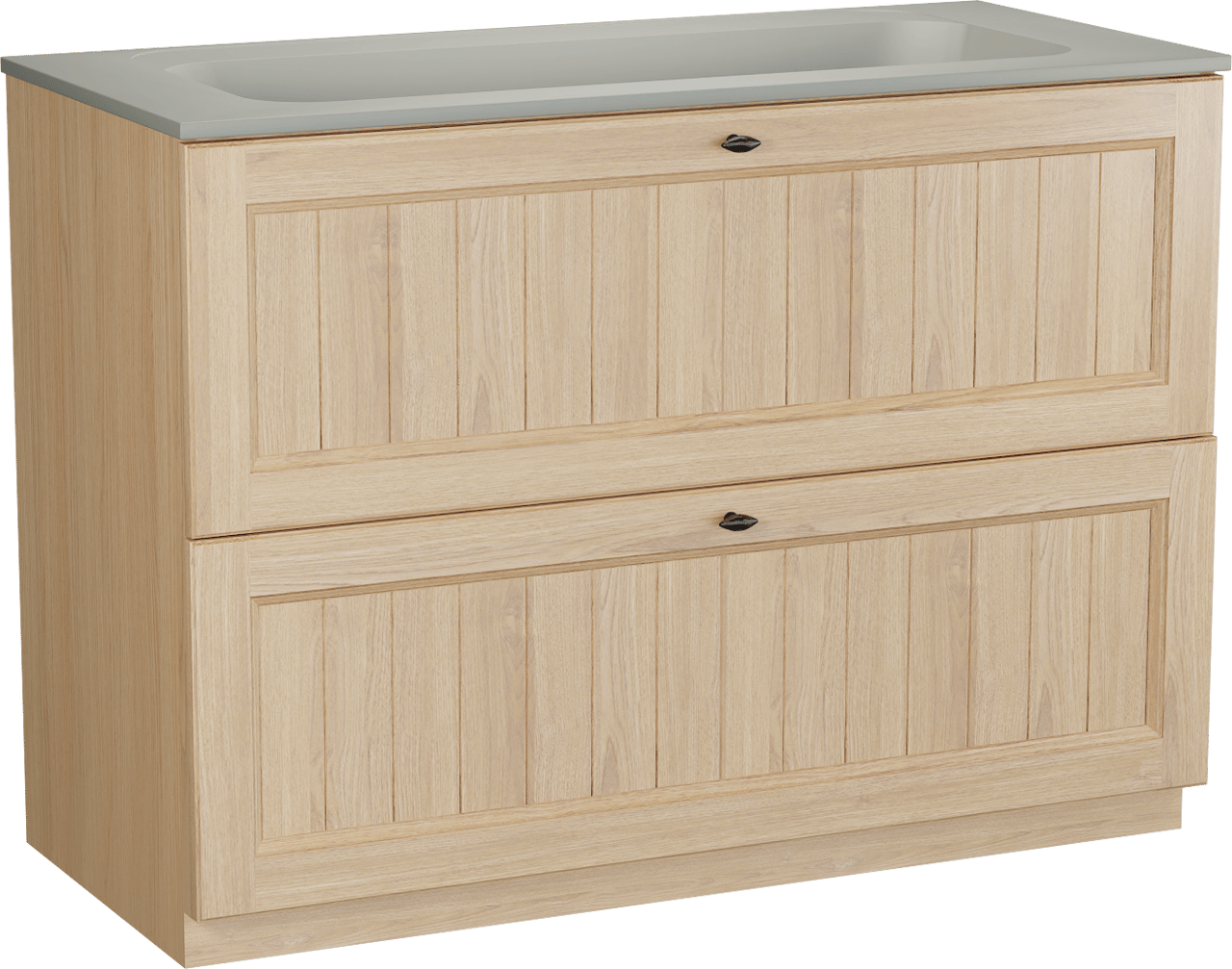 Balmani Lemon staand badkamermeubel 120 x 55 cm, fineer natuur eik met Tablo Strada enkele wastafel voor 2 kraangaten in zijdegrijs