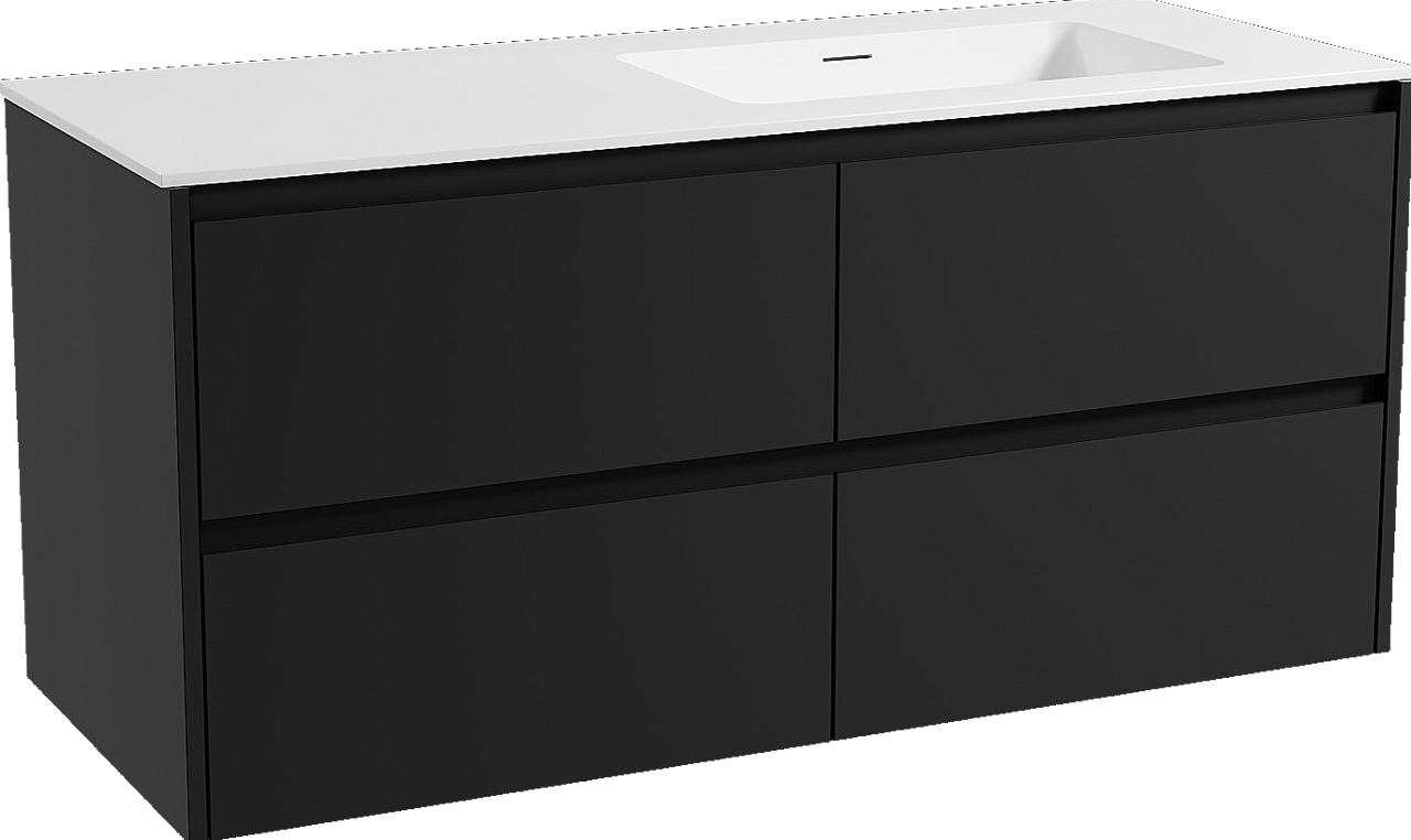 Storke Seda zwevend badmeubel 130 x 52 cm mat zwart met Mata asymmetrisch rechtse wastafel in solid surface mat wit