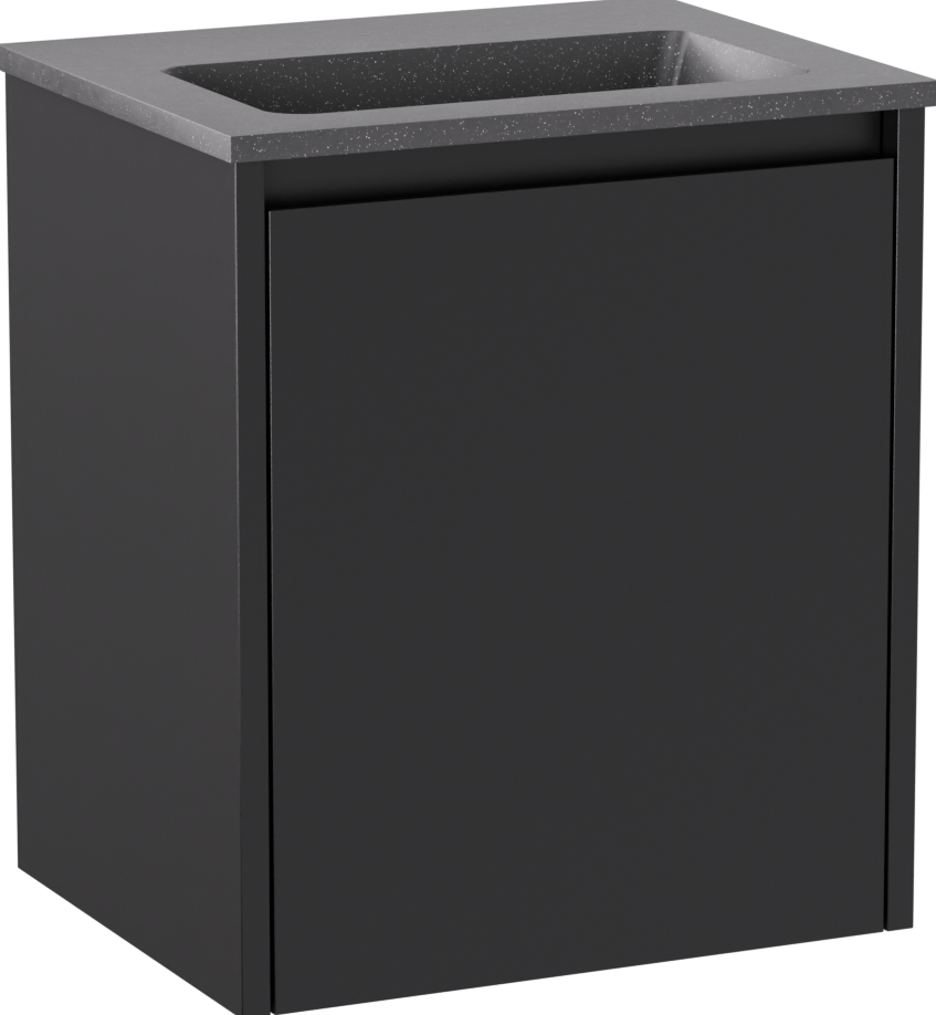 Storke Seda hängendes Möbelstück Set: 45 x 35 cm, Schwarz matt, mit Scuro Einzelwaschtisch, Quarz Schwarz matt