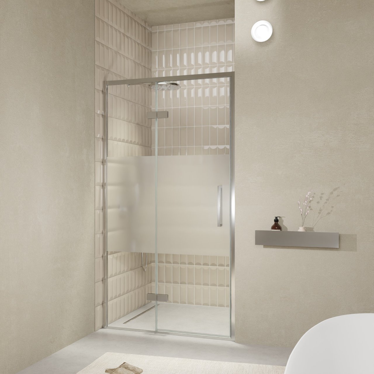 Balmani Senses Design porte pivotante à gauche 120 cm x 210 cm verre transparent avec bande matte, Profil chrome, coating inclus