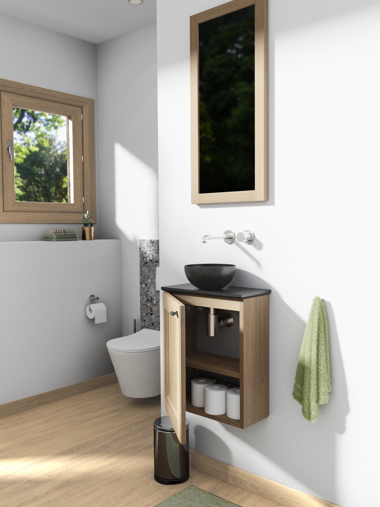 Balmani Lemon zwevend toiletmeubel 42 x 21 cm verweerd eiken met Facetta wastafelblad en Bari waskom in verzoete graniet