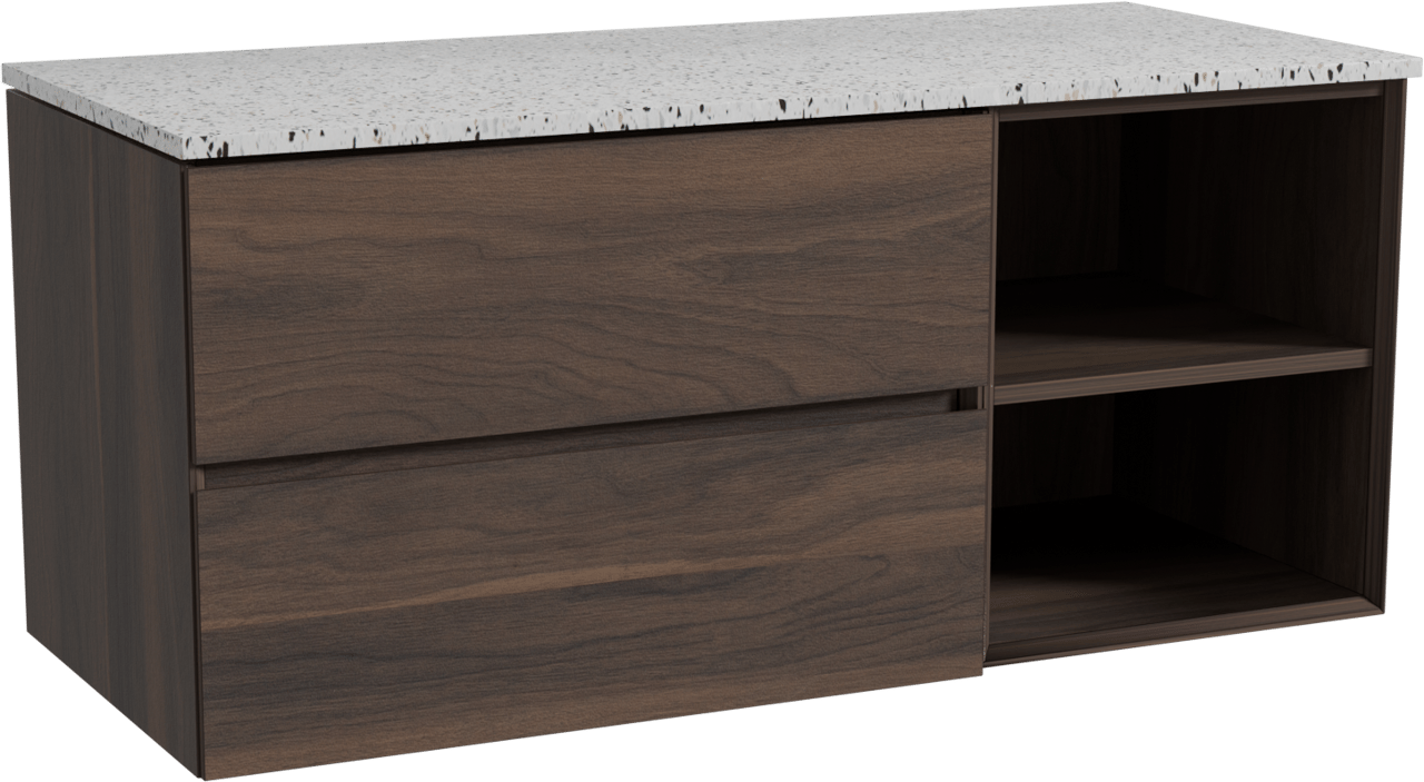 Storke Edge zwevend badkamermeubel 120 x 52 cm notelaar met Tavola enkel of dubbel tablet in mat wit/zwart terrazzo