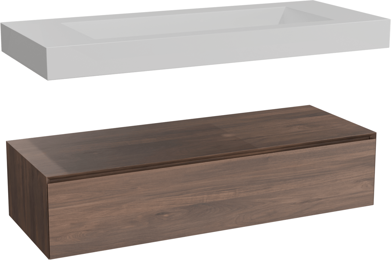 Balmani Mitra Elements meuble salle de bains suspendu 135 x 55 cm noyer américain avec Modus lavabo simple pour 2 trous de robinet en solid surface blanc mat