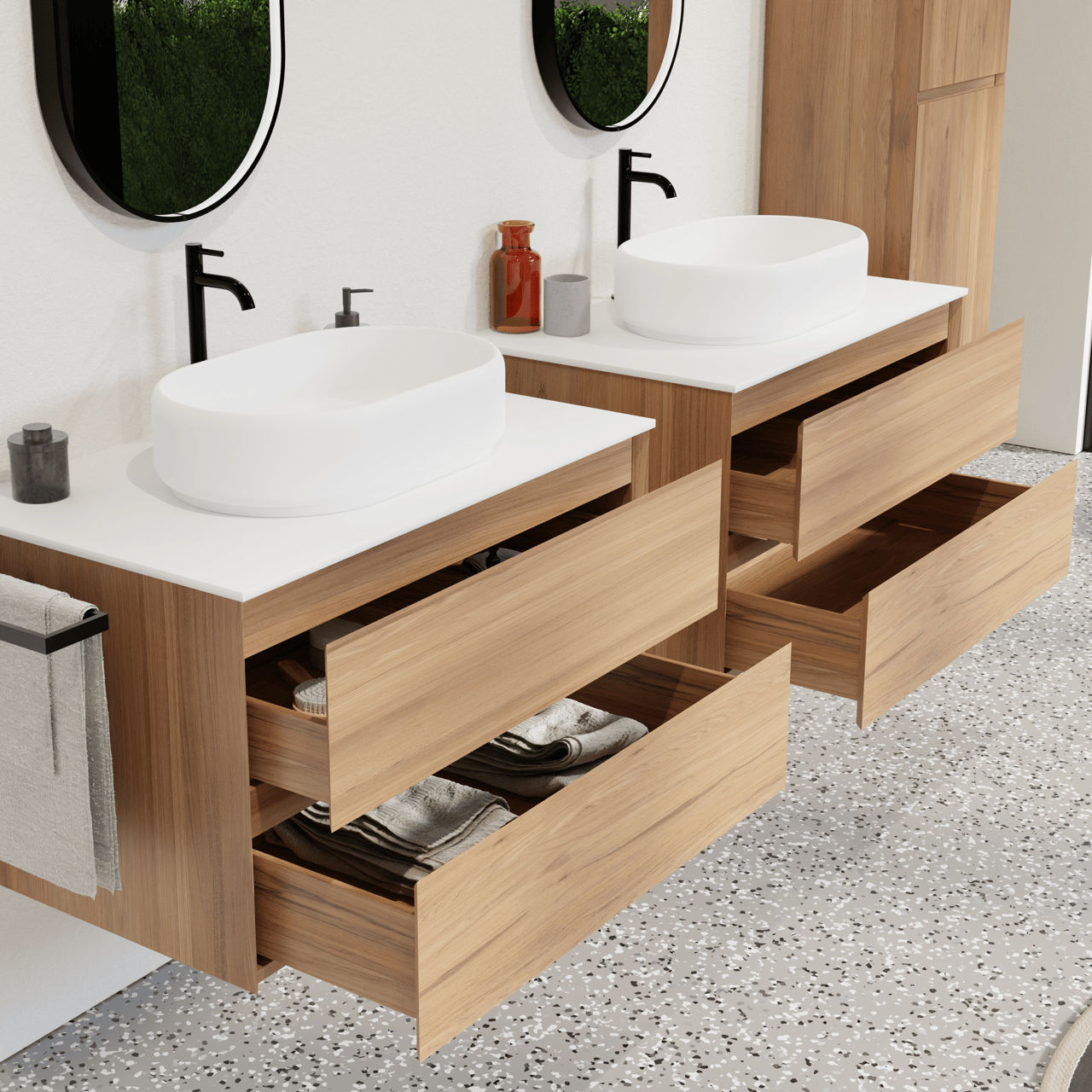 Balmani Mitra zwevend badkamermeubel 90 x 55 cm teak met Stretto enkel tablet in solid surface mat wit