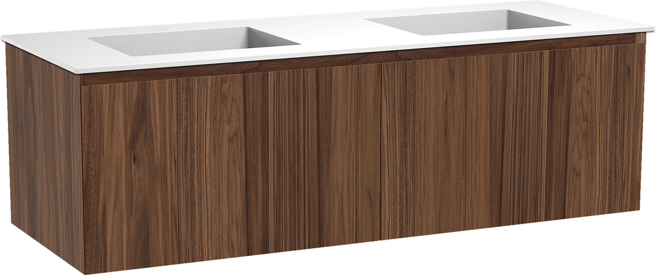 Balmani Idra meuble salle de bains suspendu 150 x 55 cm noyer avec Tablo Stretto double vasque en solid surface blanc mat