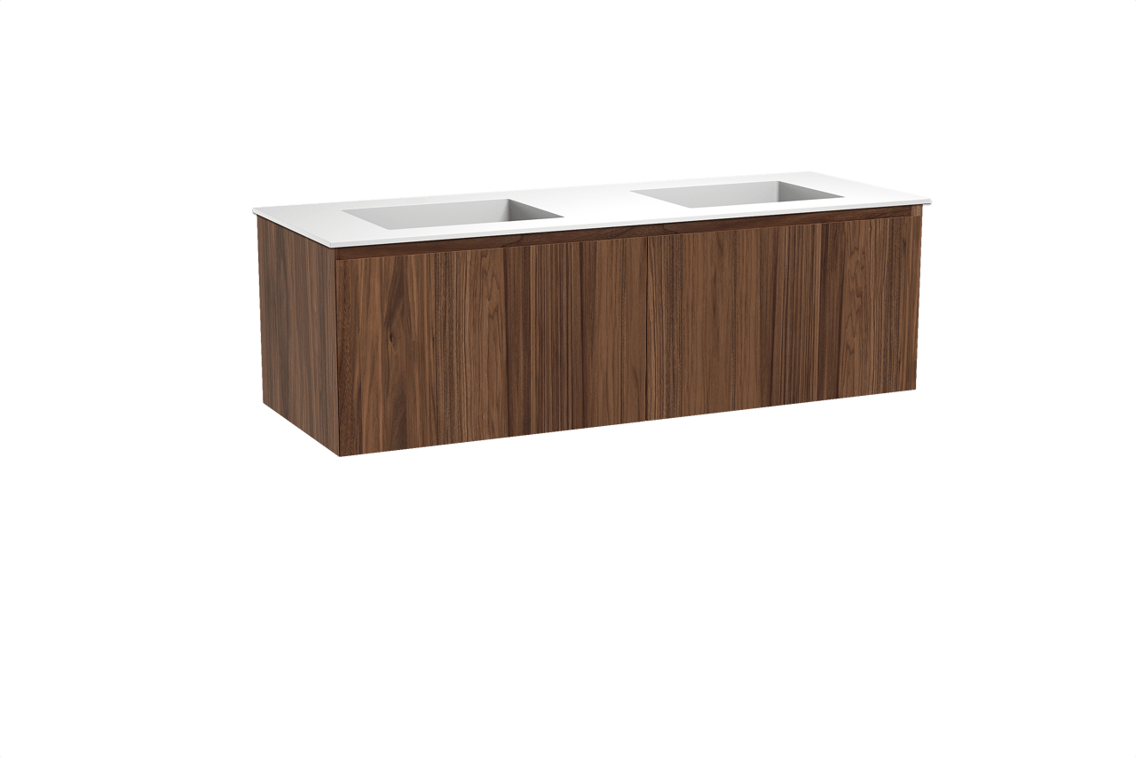 Balmani Idra meuble salle de bains suspendu 150 x 55 cm noyer avec Tablo Stretto double vasque en solid surface blanc mat