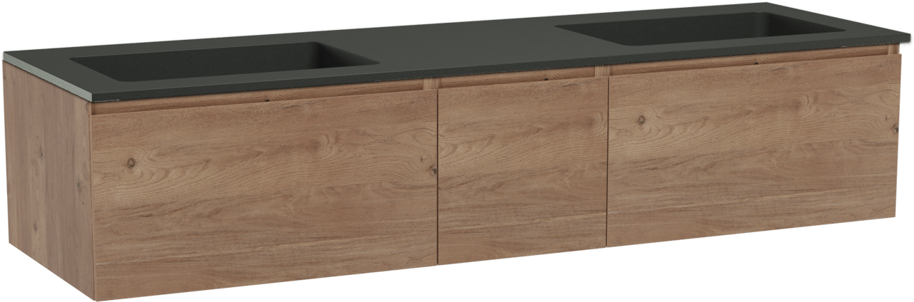 Storke Edge zwevend badmeubel 165 x 52 cm ruw eiken met Scuro dubbele wastafel in kwarts mat zwart