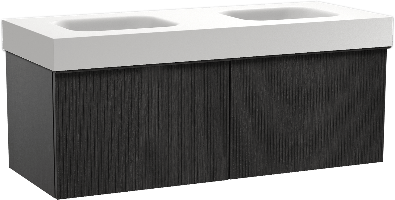 Balmani Forma zwevend badkamermeubel 135 x 55 cm zwarte eik met Arcato dubbele wastafel in solid surface mat wit, Verticale symmetrische rechte ribbel