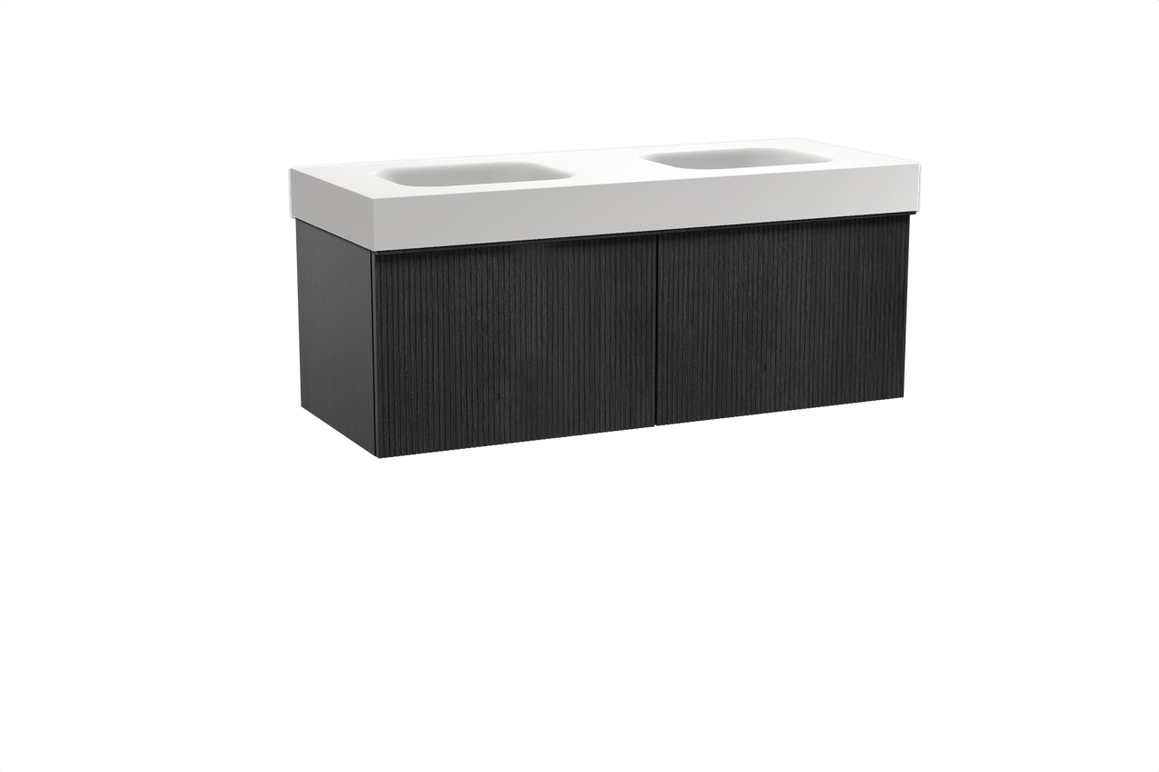 Balmani Forma zwevend badkamermeubel 135 x 55 cm zwarte eik met Arcato dubbele wastafel in solid surface mat wit, Verticale symmetrische rechte ribbel