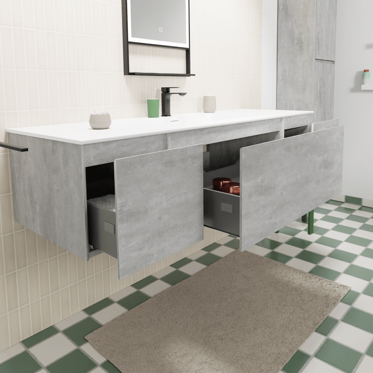 Storke Edge zwevend badkamermeubel 155 x 52 cm beton donkergrijs met Mata enkele wastafel in solid surface mat wit