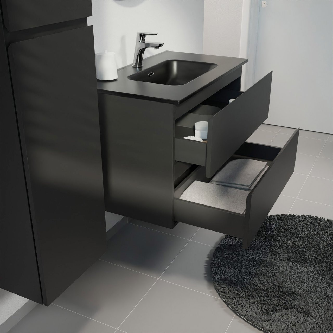 Linie Lado meuble salle de bains suspendu 80 x 46 cm noir mat avec Baro plan simple en porcelaine noir mat