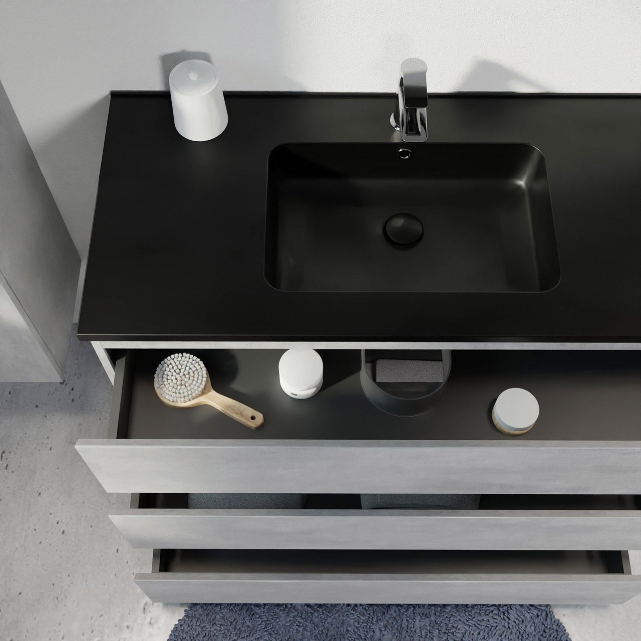 Linie Lado freistehendes Möbelstück Set: 100 x 46 cm, Beton dunkelgrau, mit Vano Einzelwaschtisch, Marmorkomposit Schwarz matt