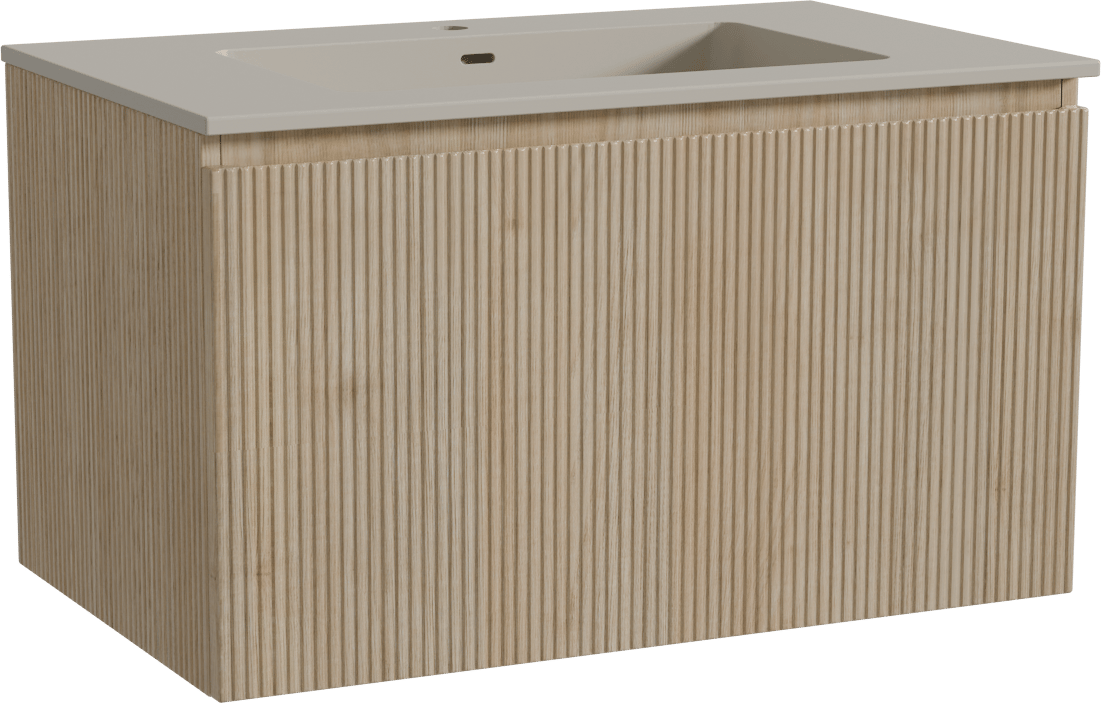 Storke Ribs meuble salle de bains suspendu 85 x 52 cm chêne brut avec Diva plan simple en top solid soie grise, Nervure droite symétrique verticale