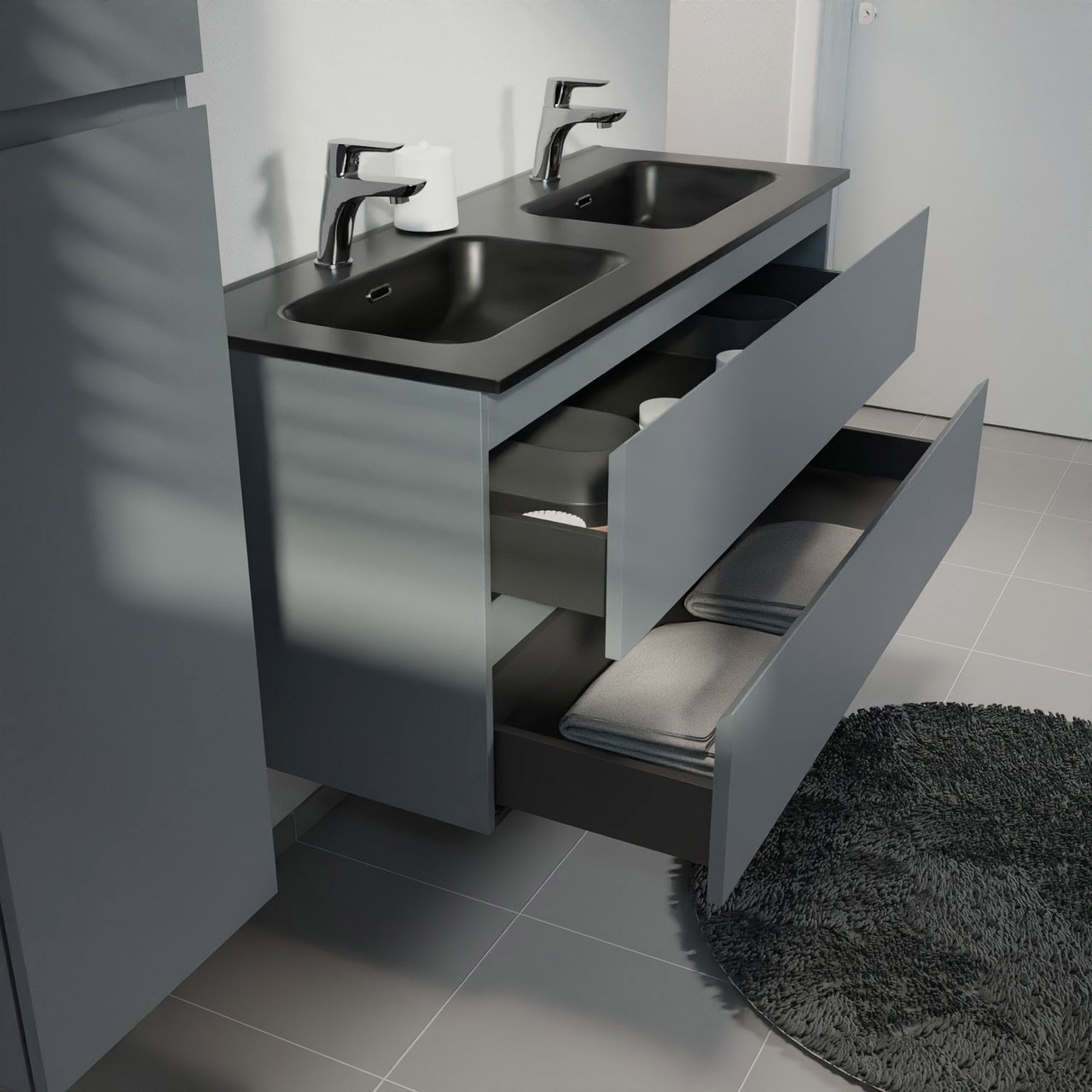 Linie Lado meuble salle de bains suspendu 120 x 46 cm bleu anthracite avec Baro double vasque en porcelaine noir mat