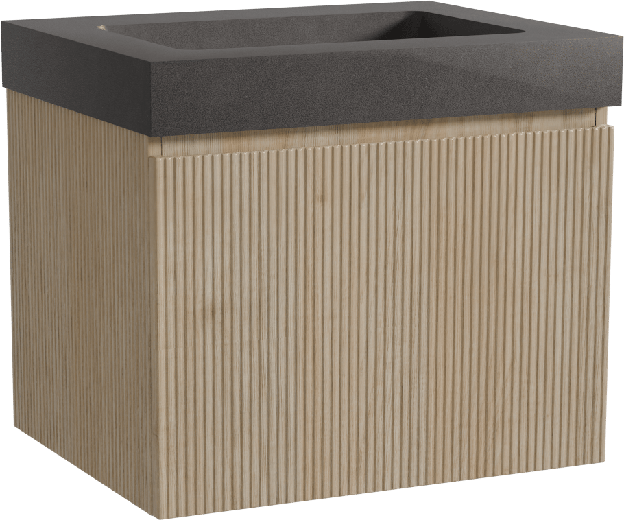 Storke Ribs meuble salle de bains suspendu 65 x 52 cm chêne brut avec Scuro High plan simple en quartz noir mat, Nervure droite symétrique verticale