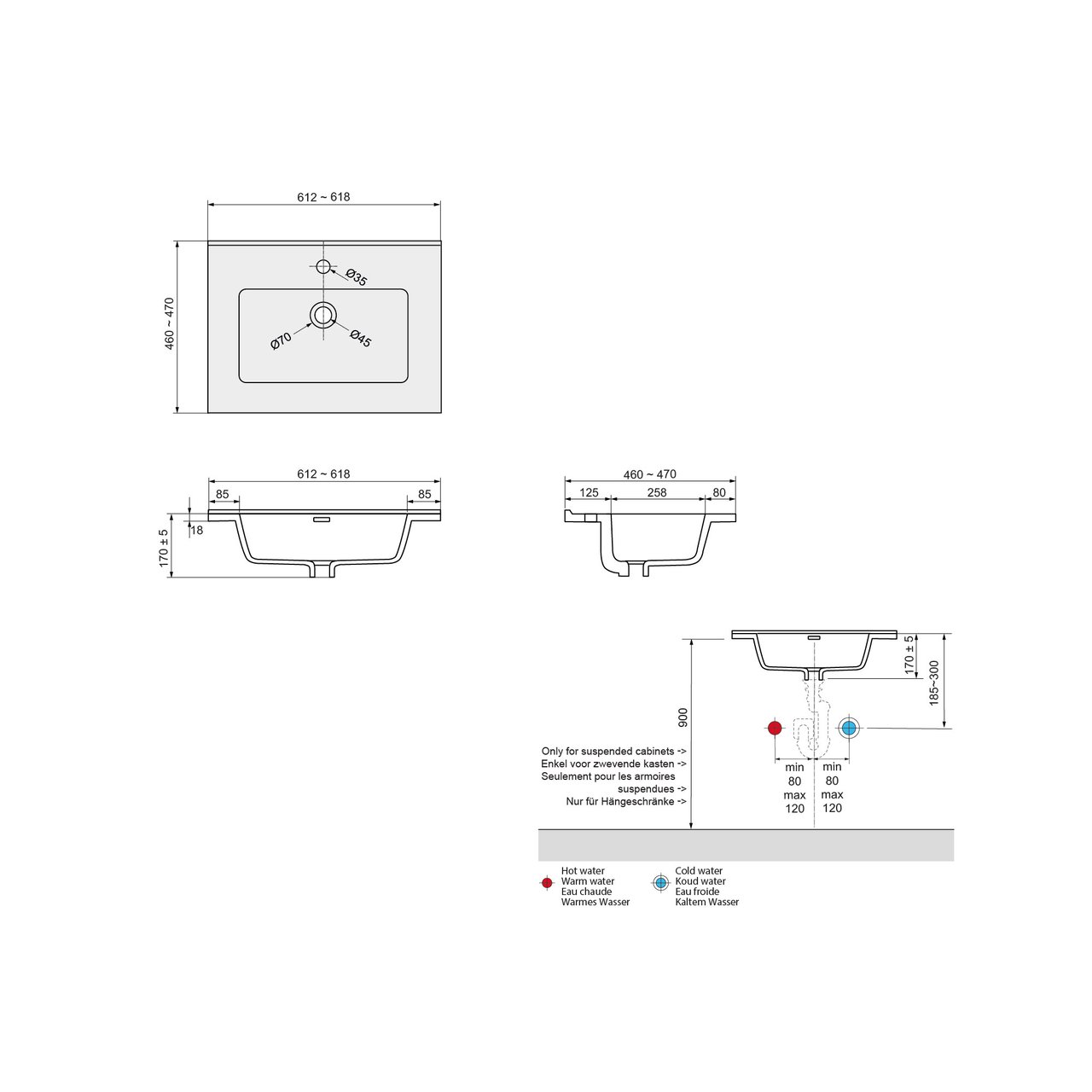Linie Baro Einzelwaschtisch, weiß matte Porzellan, 60 x 46 cm