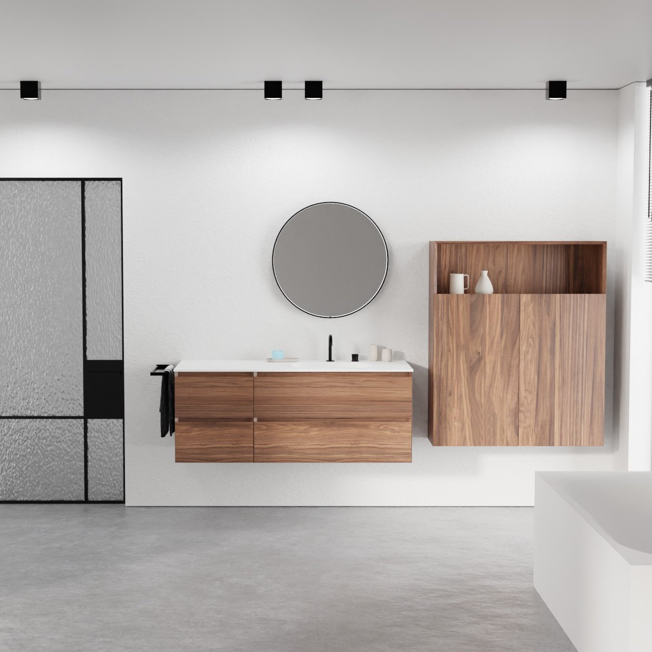 Balmani Mitra zwevend badmeubel 135 x 55 cm notenhout met Tablo Arcato asymmetrisch rechtse wastafel in solid surface mat wit