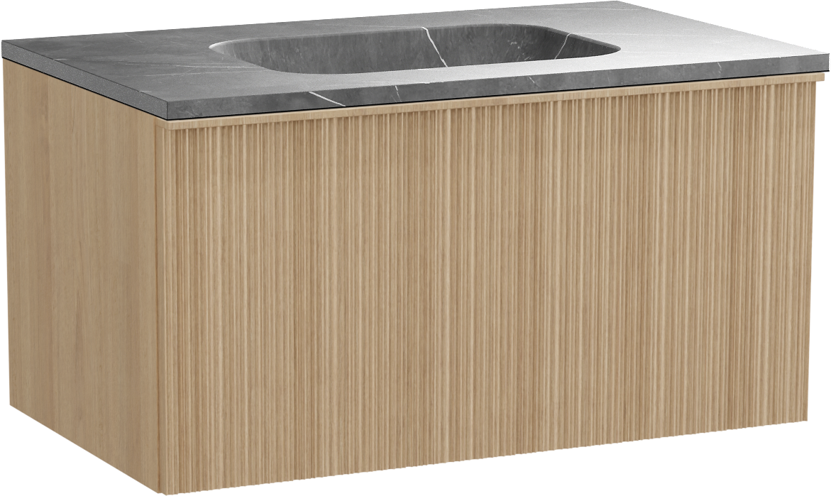 Balmani Forma zwevend badkamermeubel 90 x 55 cm natuur eik met Tablo Arcato enkele wastafel in marmer pietra grey, Verticale asymmetrische ronde ribbel