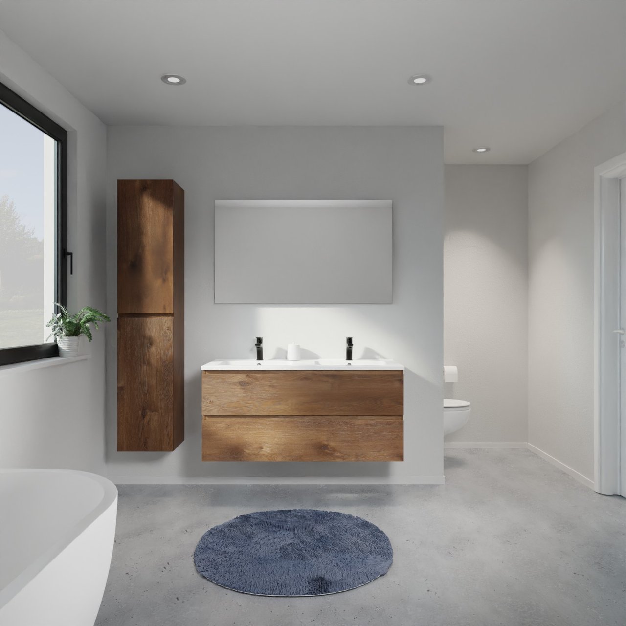 Linie Lado meuble salle de bains suspendu 120 x 46 cm chêne brun avec Vano double vasque en marbre composite blanc brillant