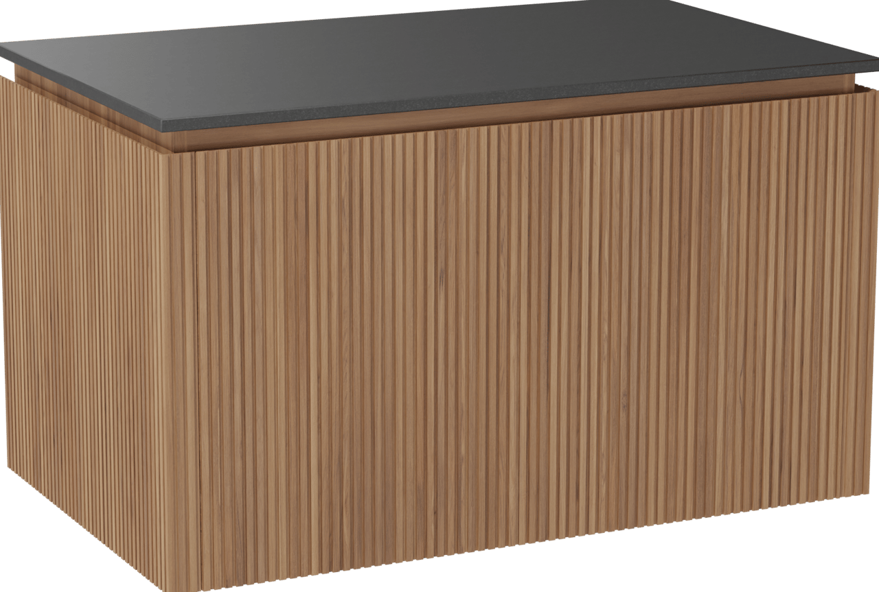 Balmani Eclips meuble salle de bains suspendu 90 x 55 cm Teck avec Stretto tablette simple en Granit noir, Nervure droite symétrique verticale