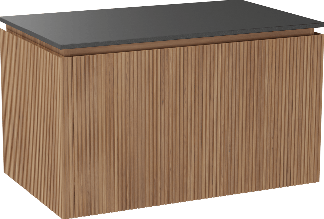 Balmani Eclips hängendes Möbelstück Set: 90 x 55 cm, Teak, mit Stretto Einzel Waschtischplatte Granit poliert, Vertikale symmetrische gerade Rippe