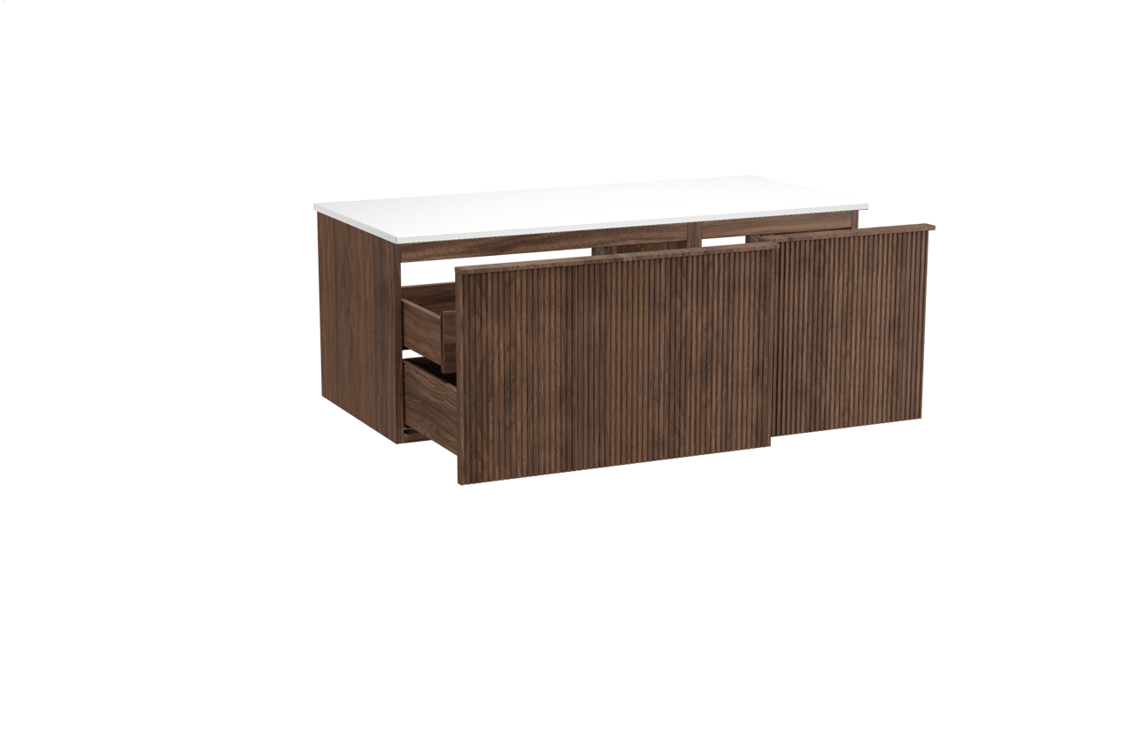 Balmani Forma zwevend badmeubel 120 x 55 cm amerikaans notenhout met Stretto enkel of dubbel wastafelblad in solid surface mat wit, Verticale symmetrische rechte ribbel
