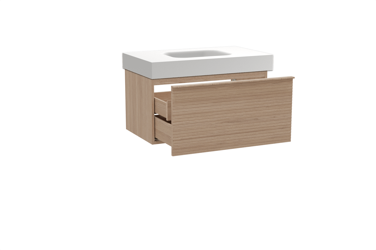 Balmani Forma hängendes Möbelstück Set: 90 x 55 cm, Naturbelassene Eiche, mit Arcato Einzelwaschtisch, Solid Surface, Weiß matt, Horizontale symmetrische gerade Rippe