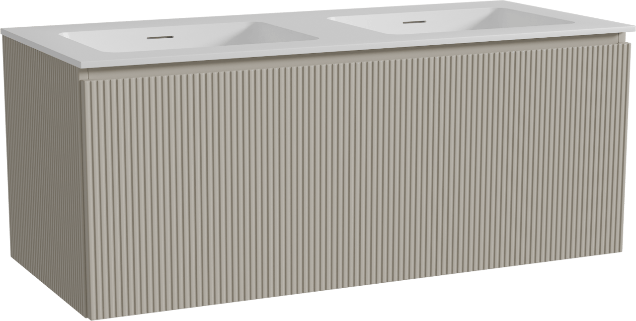 Storke Ribs meuble salle de bains suspendu 120 x 52 cm soie grise avec Mata double vasque en solid surface blanc mat, Nervure droite symétrique verticale