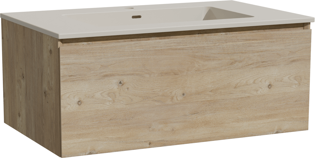 Storke Edge zwevend badmeubel 85 x 52 cm ruw eiken met Diva enkele wastafel in top solid zijdegrijs