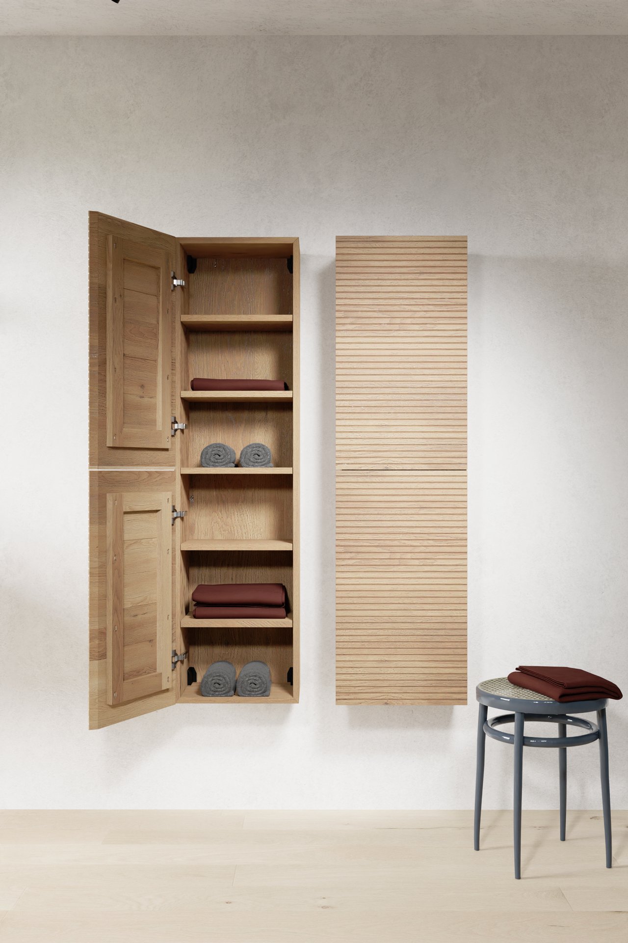 Balmani Forma Badhochschrank: Hängend, horizontale Rippen, Eiche Natur, 42 x 30 x 150 cm