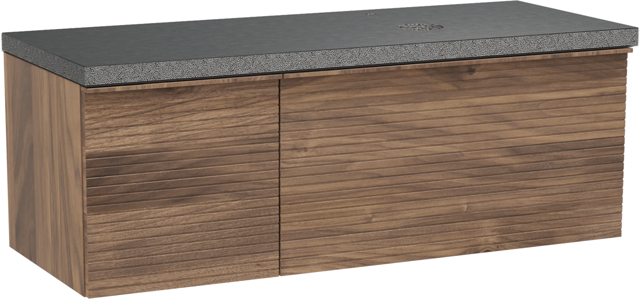 Balmani Forma hängendes Möbelstück Set: 135 x 55 cm, Amerikanischer Nussbaum, mit Rock Waschtisch rechts, Granit, Schwarzes Granit, Horizontale symmetrische gerade Rippe