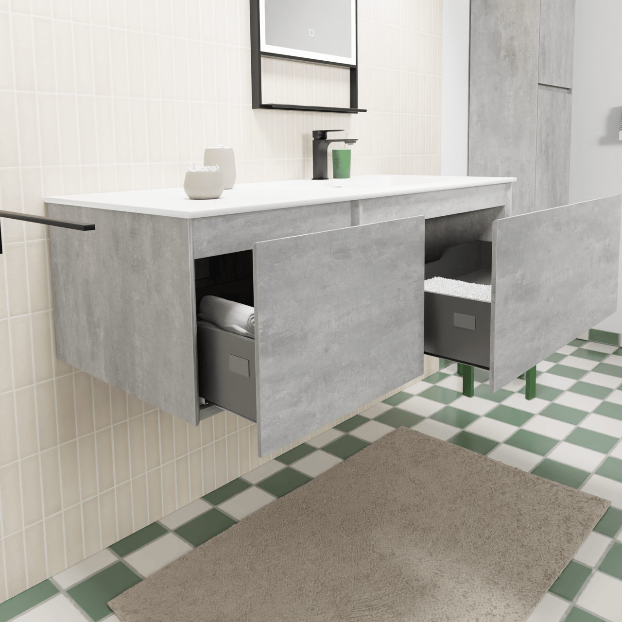 Storke Edge meuble salle de bains suspendu 120 x 52 cm béton gris foncé avec Mata plan vasque asymétrique à droite en solid surface blanc mat