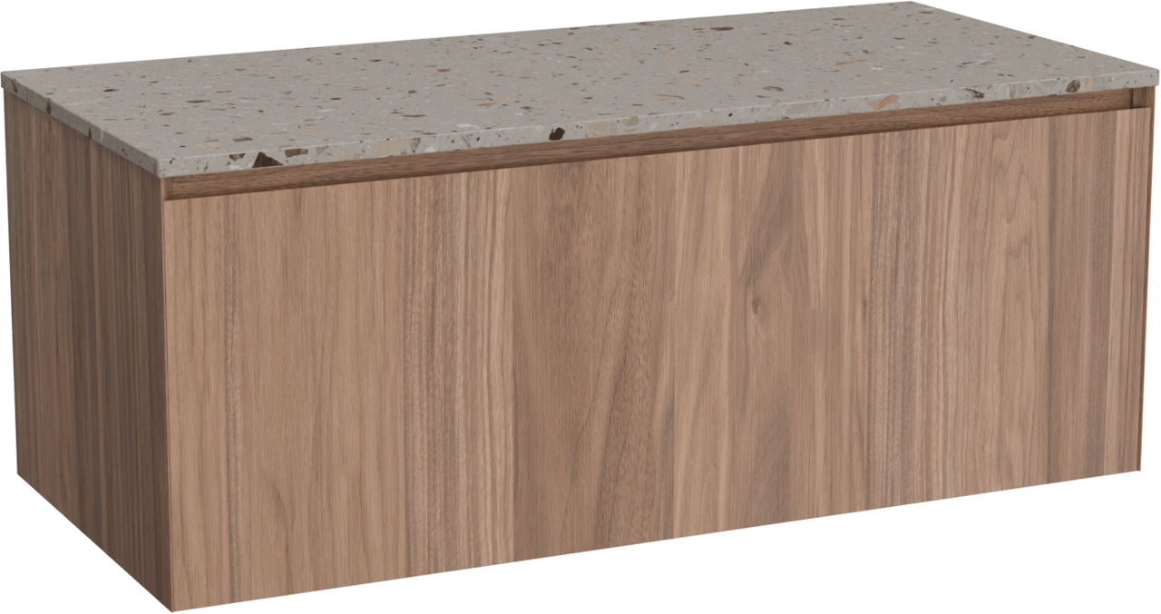 Balmani Idra zwevend badkamermeubel 120 x 55 cm notelaar met Stretto enkel of dubbel tablet in terrazzo greige terrazzo