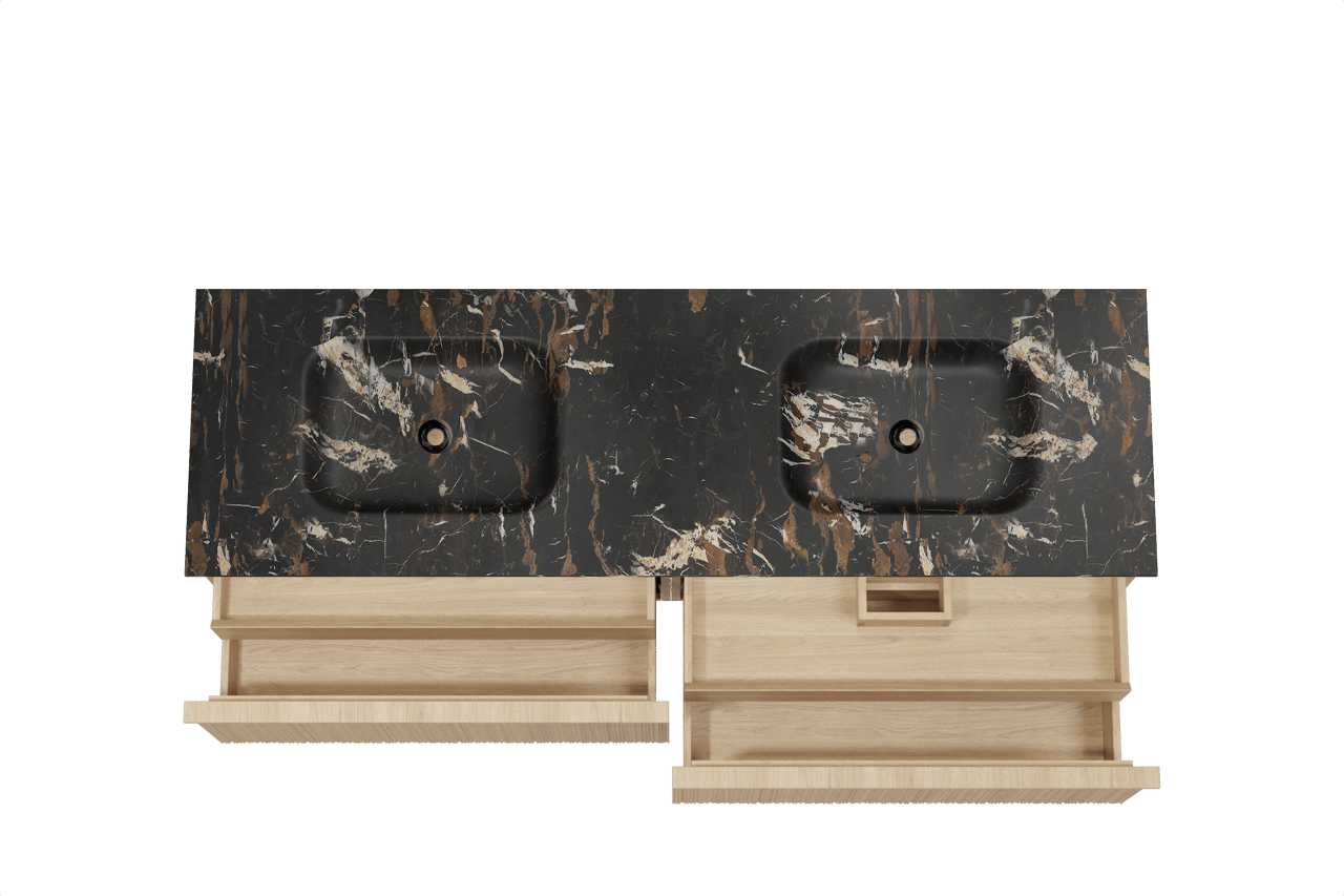 Balmani Forma hängendes Möbelstück Set: 180 x 55 cm, Naturbelassene Eiche, mit Tablo Arcato Doppelwaschtisch, Marmor, Portoro Gold, Vertikale asymmetrische Runde Rippe