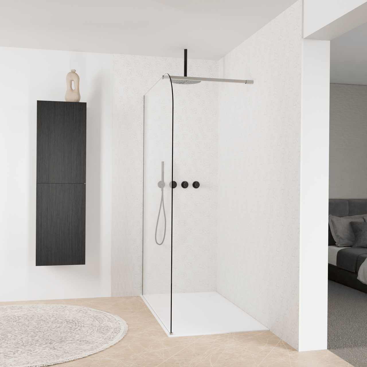Balmani Modular douche à l'italienne: 140 x 200 cm, Verre transparent arrondi, Profil Brushed Inox