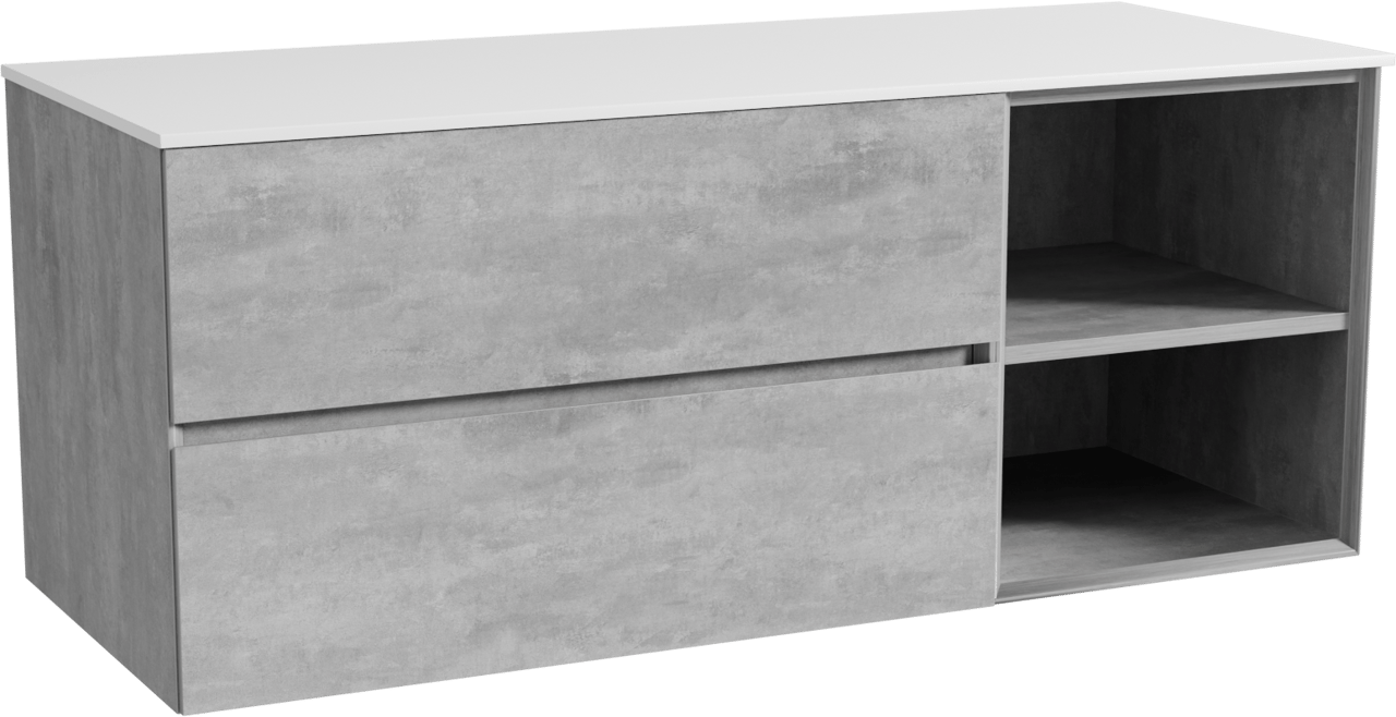 Storke Edge zwevend badkamermeubel 130 x 52 cm beton donkergrijs met Tavola enkel of dubbel tablet in solid surface mat wit