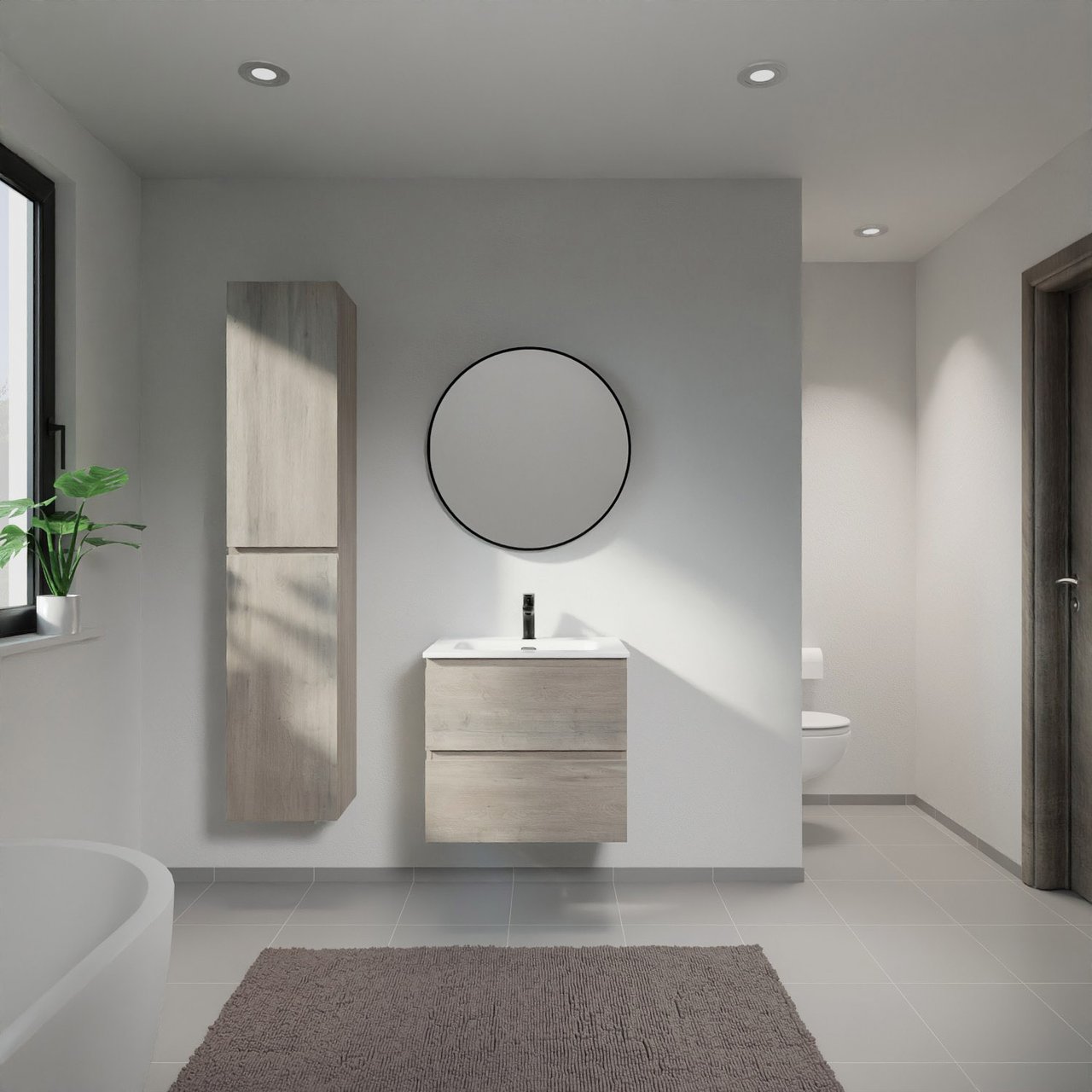 Linie Lado meuble salle de bains suspendu 60 x 46 cm chêne gris avec Baro plan simple en porcelaine blanc brillant