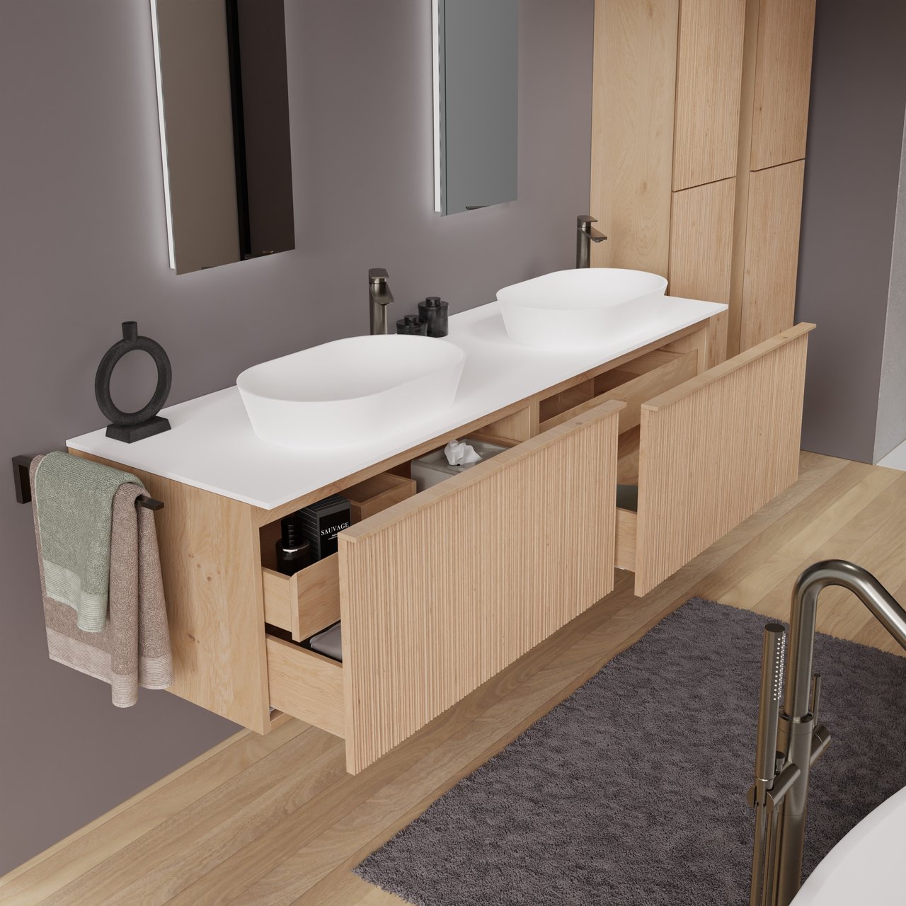 Balmani Forma zwevend badkamermeubel 180 x 55 cm natuur eik met Stretto enkel of dubbel tablet in solid surface mat wit, Verticale asymmetrische ronde ribbel