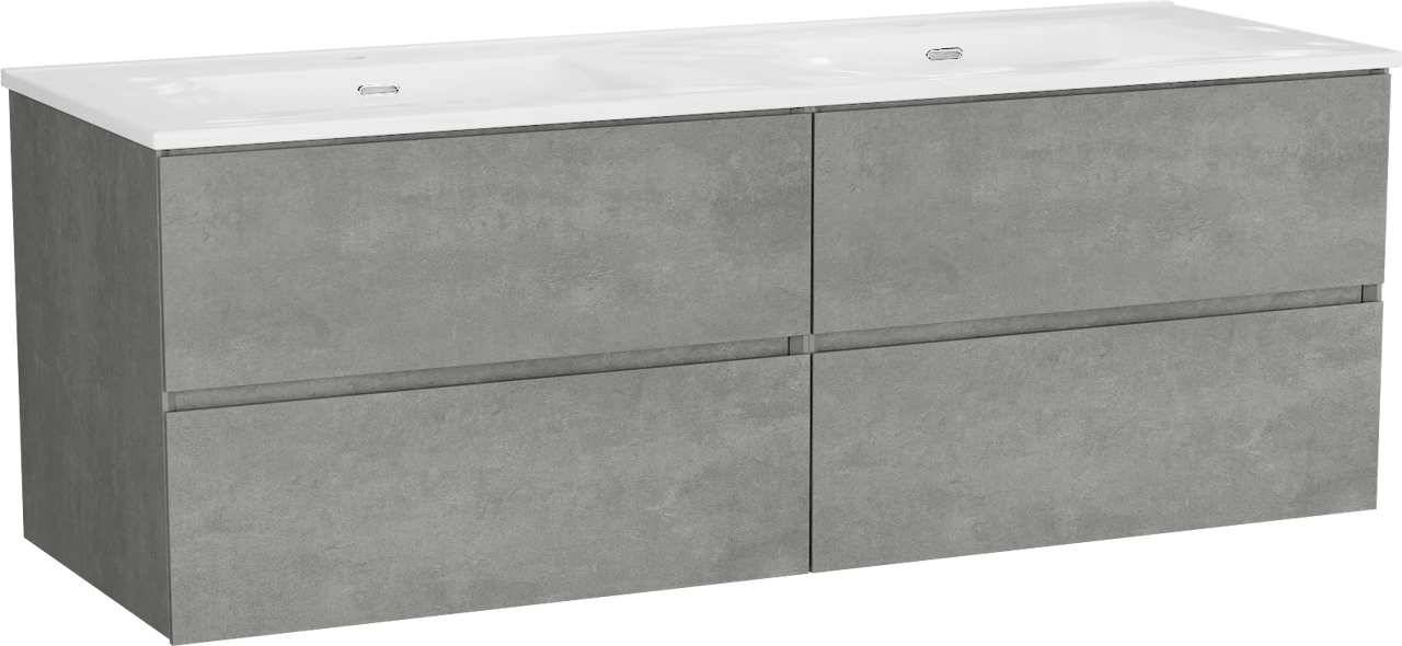 Storke Edge meuble salle de bains suspendu 150 x 52 cm béton gris foncé avec Kera double vasque en porcelaine blanc brillant, bondes incluses