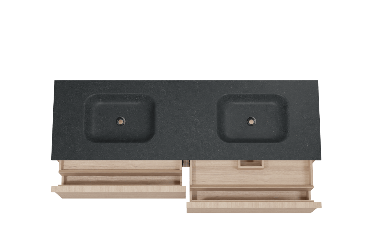 Balmani Forma zwevend badkamermeubel 180 x 55 cm natuur eik met Tablo Arcato dubbele wastafel in graniet zwart, Horizontale symmetrische rechte ribbel