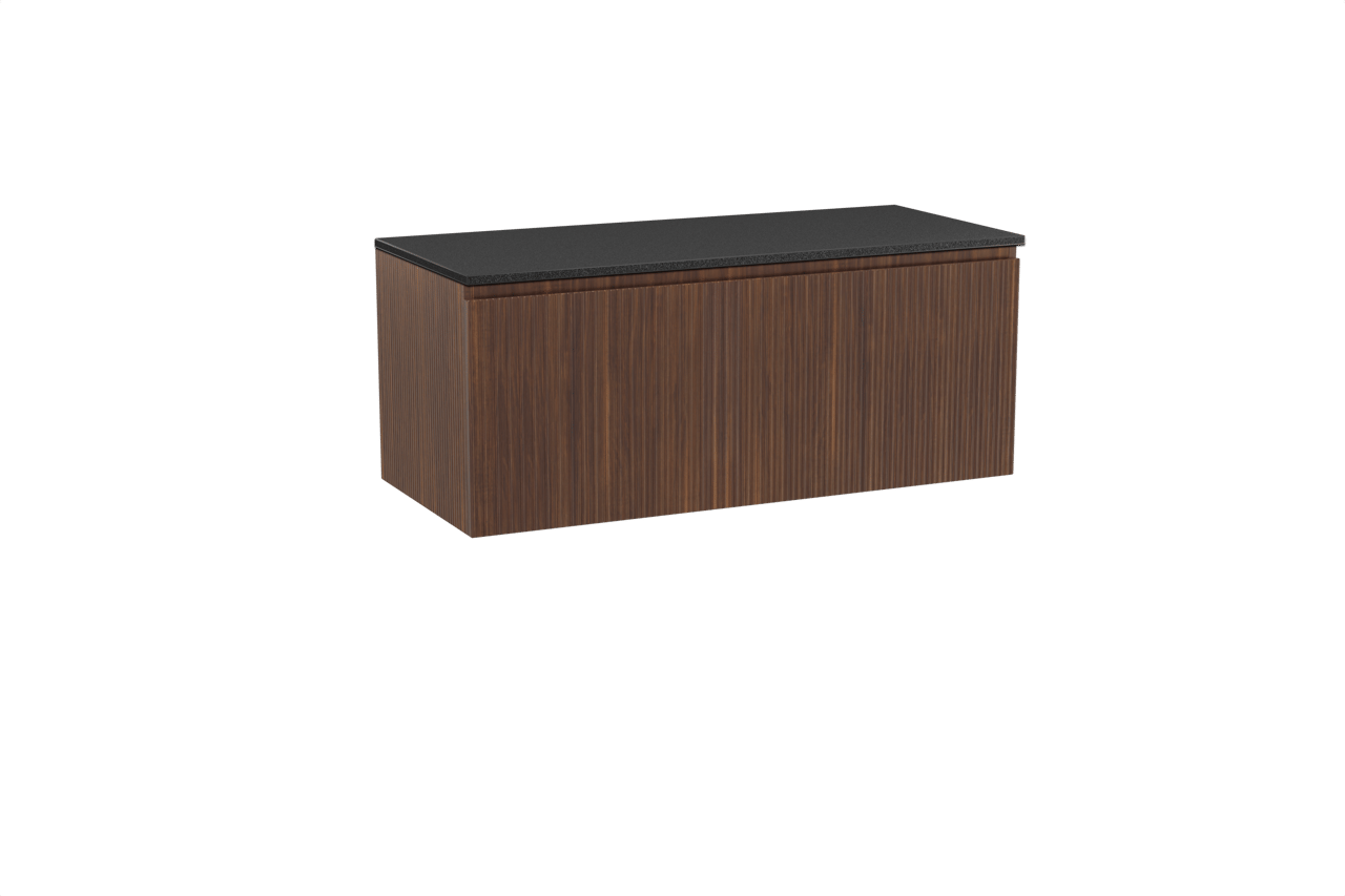 Storke Ribs zwevend badmeubel 120 x 52 cm notenhout met Panton enkel of dubbel wastafelblad in gepoedercoate mdf mat zwart, Verticale symmetrische rechte ribbel