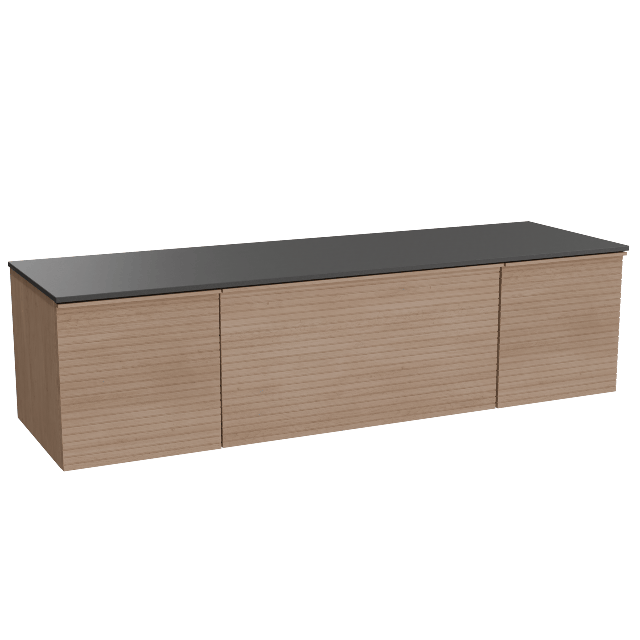 Balmani Forma hängendes Möbelstück Set: 180 x 55 cm, Naturbelassene Eiche, mit Stretto Einzel- oder Doppel Waschtischplatte, Granit, Schwarzes Granit, Horizontale symmetrische gerade Rippe