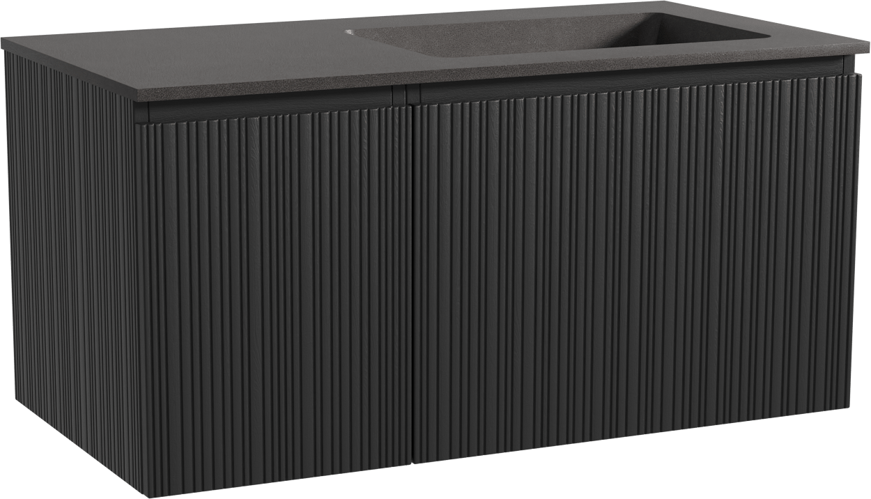 Storke Ribs zwevend badmeubel 100 x 52 cm zwart eiken met Scuro asymmetrisch rechtse wastafel in kwarts mat zwart, Verticale asymmetrische rechte ribbel